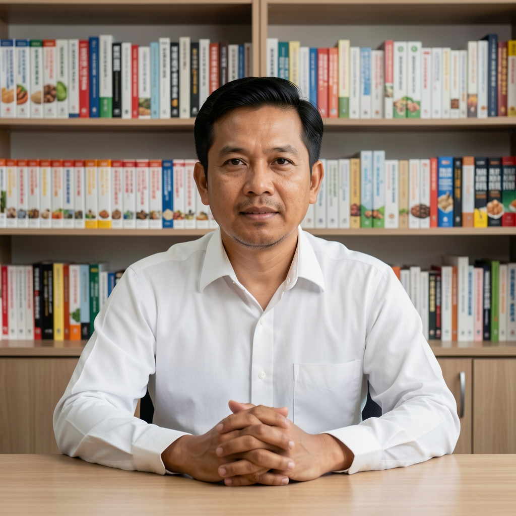 Indonesian man in his early forties, wearing a simple white shirt, seated at a desk with bookshelves of nutritional reference books behind him, neutral studio lighting