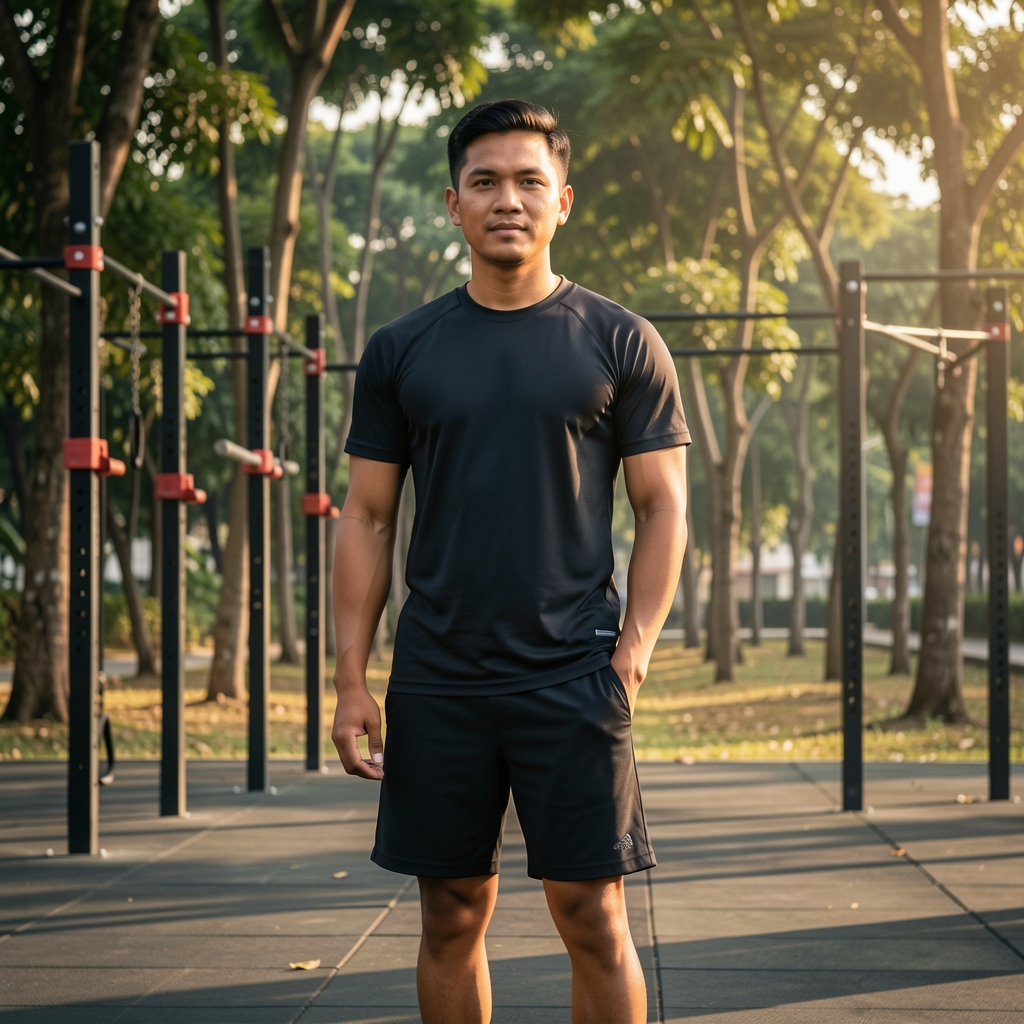 Indonesian man in his mid-thirties in athletic clothing, standing in an outdoor training space with trees in the background, relaxed confident posture, morning light