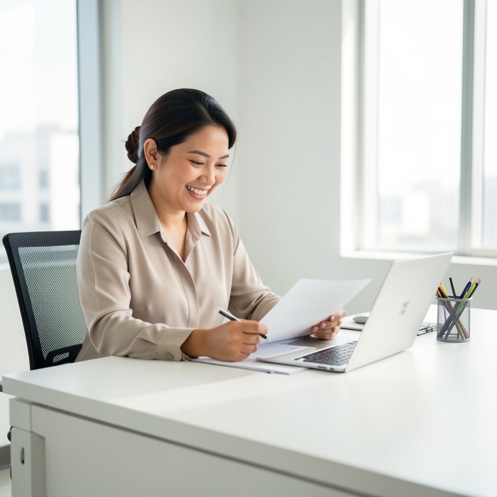 Indonesian woman in her late thirties, smiling and reviewing documents at a clean minimalist office desk, bright interior, editorial professional appearance