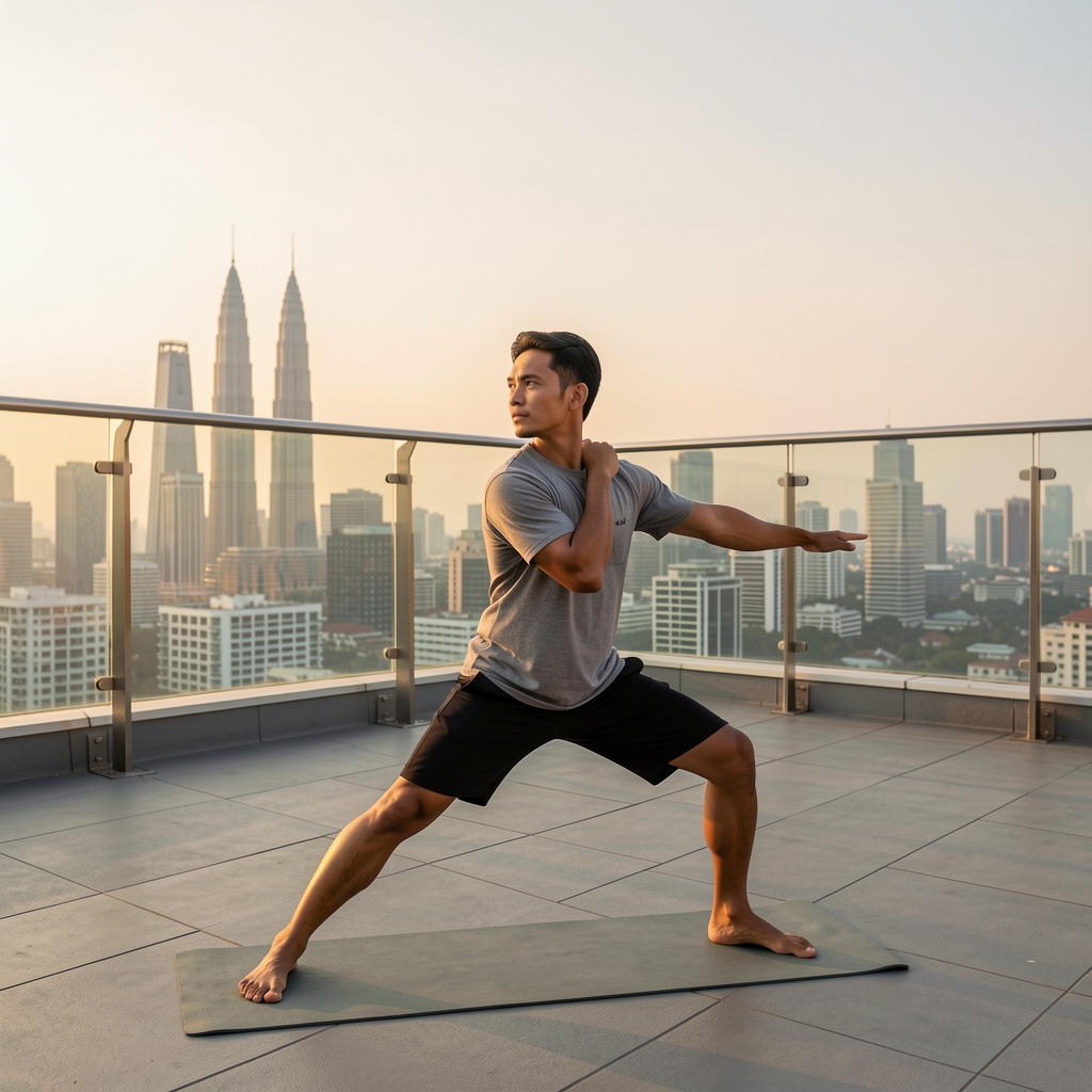 Indonesian man in his thirties performing morning stretching exercises on a rooftop terrace overlooking Jakarta skyline at golden hour