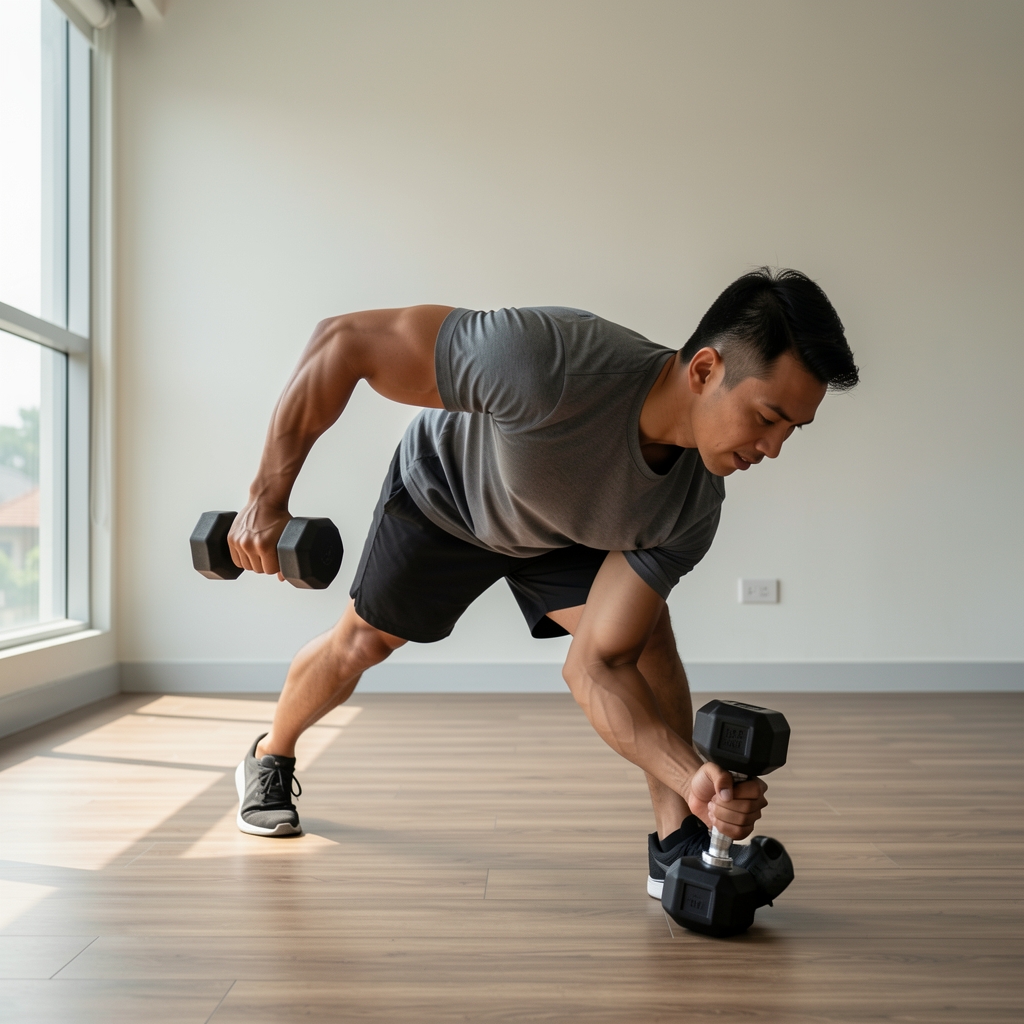 Man performing a single-arm dumbbell row in a minimalist home gym with natural light and wooden floors in Jakarta