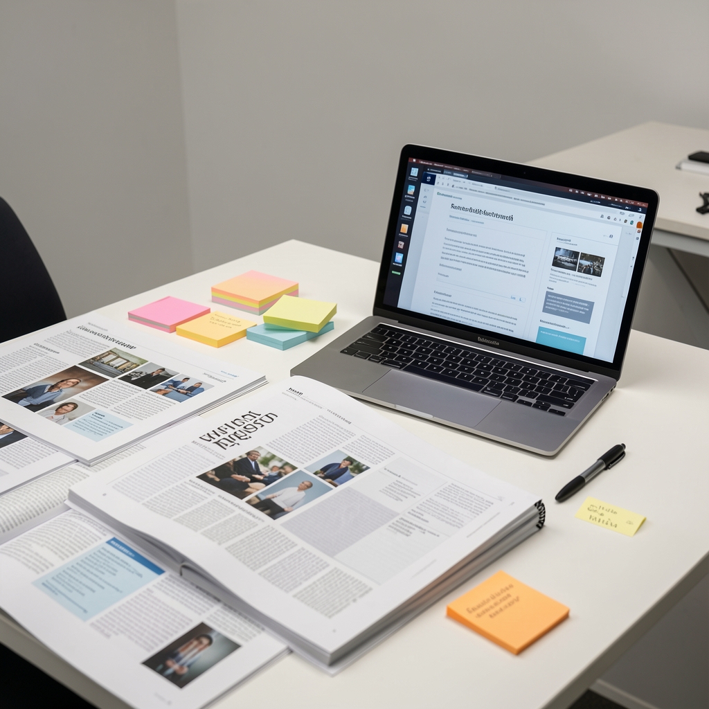 Editorial desk covered in printed journal pages, sticky notes, and a laptop showing research documents, under controlled studio lighting in a clean workspace