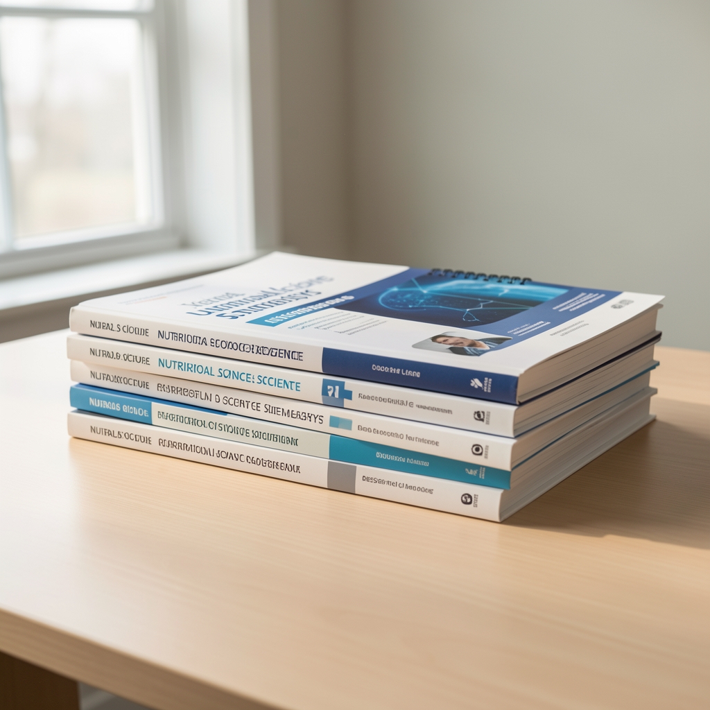 Stack of nutritional science journals and printed research summaries on a clean desk with natural light, representing annual editorial review
