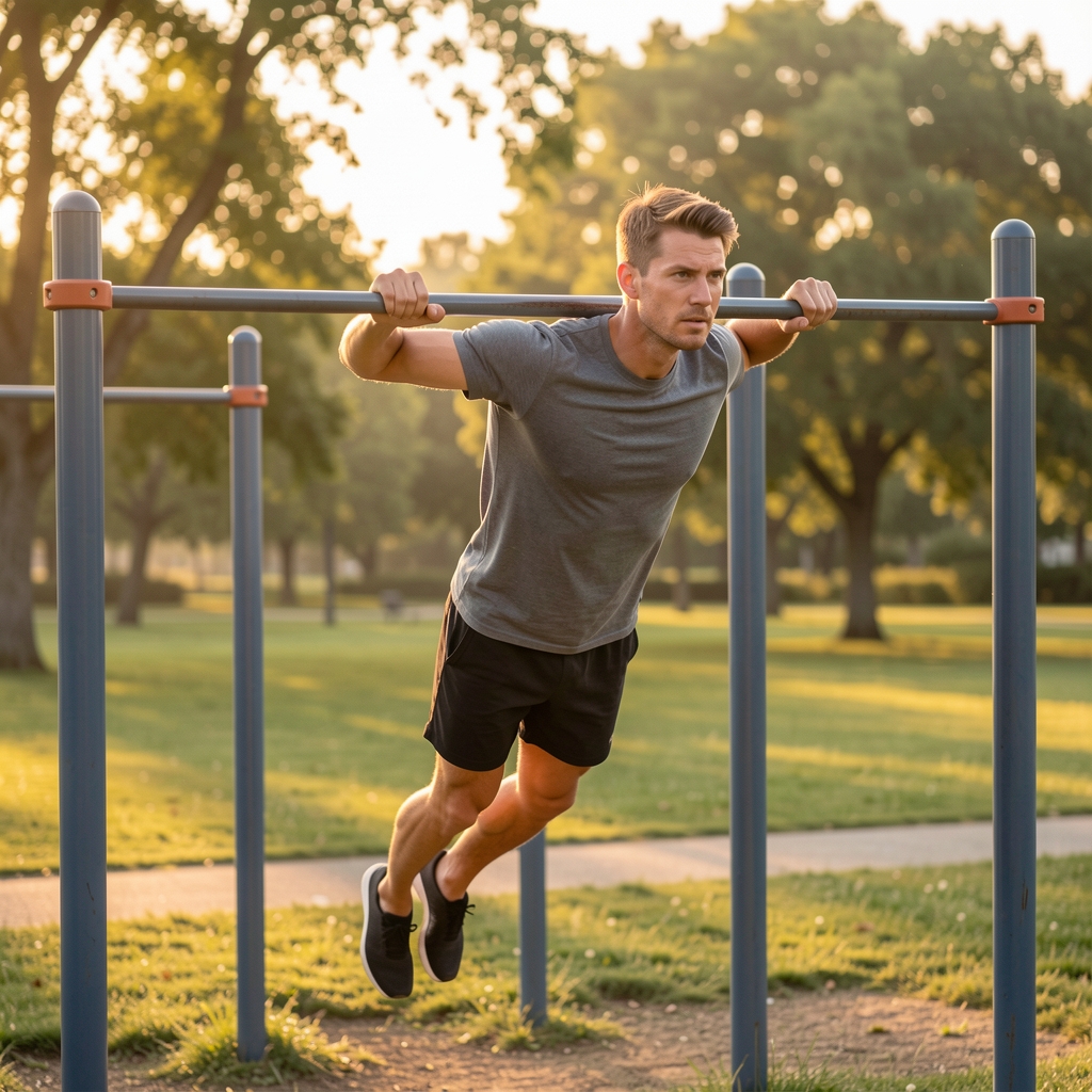 Man doing pull-ups on an outdoor bar in a park at dawn with soft golden light, focused expression, casual athletic wear