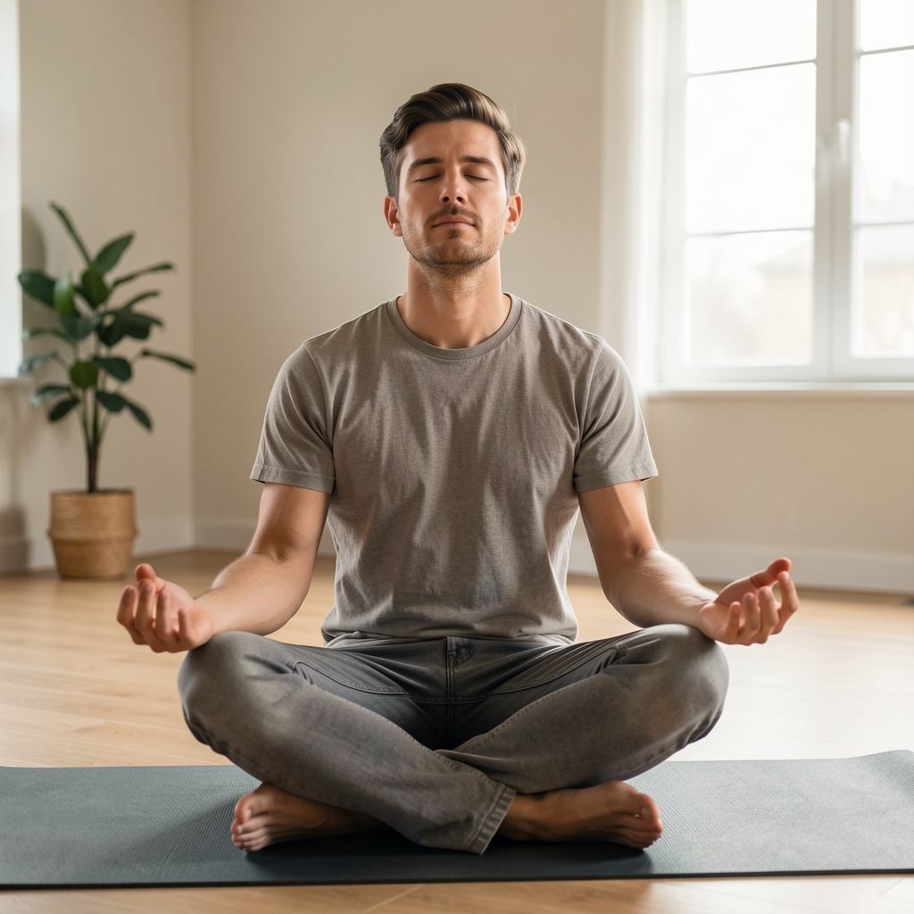 Man sitting cross-legged on a yoga mat in a quiet room with soft ambient light, eyes closed, practising breath-focused stress management