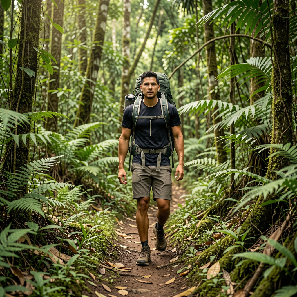 Man hiking along a forest trail in Indonesia carrying a day pack, surrounded by green jungle vegetation, weekend outdoor fitness activity