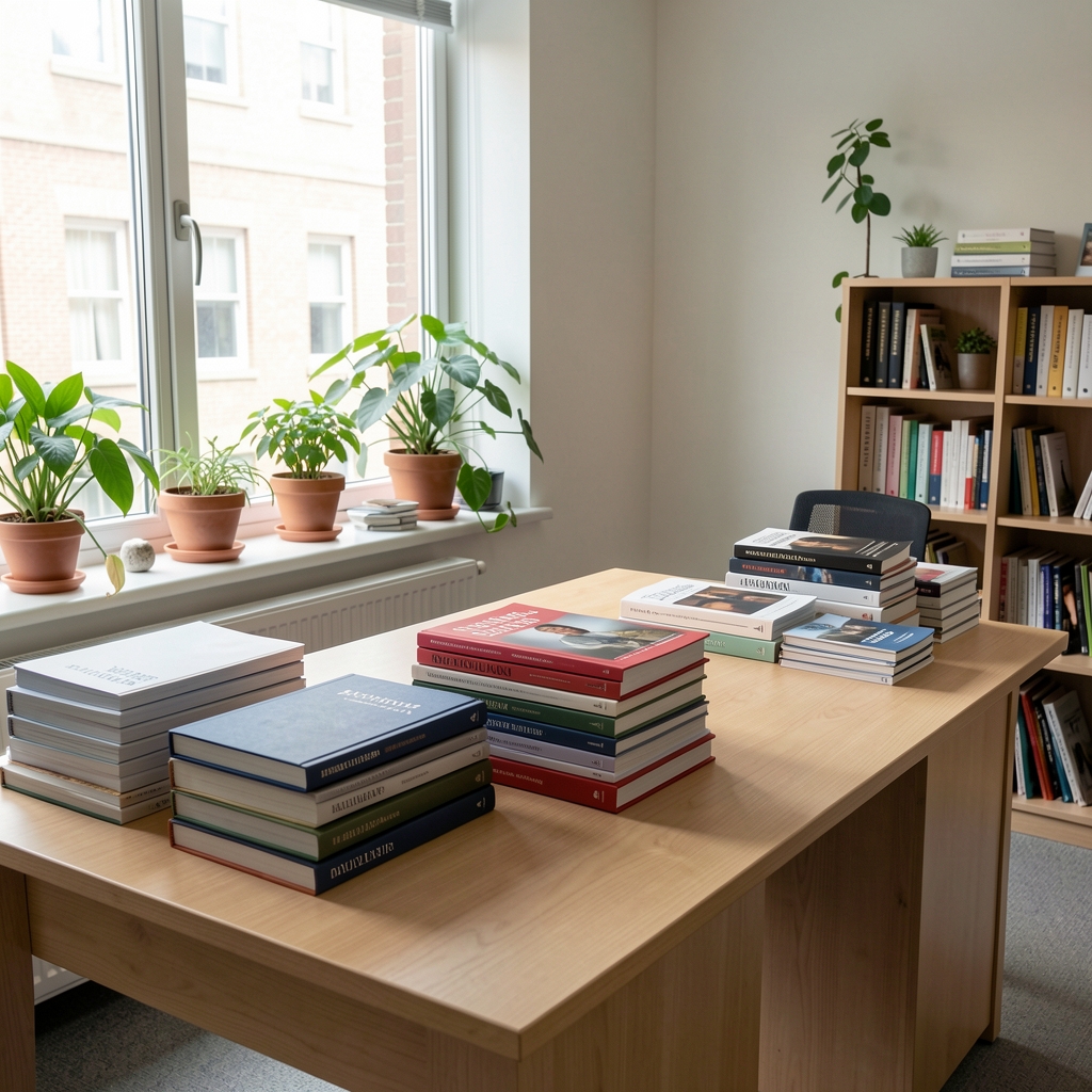 Minimalist Jakarta editorial office interior with light wood furniture, stacked journals and research publications, large windows with natural light and plants along the windowsill