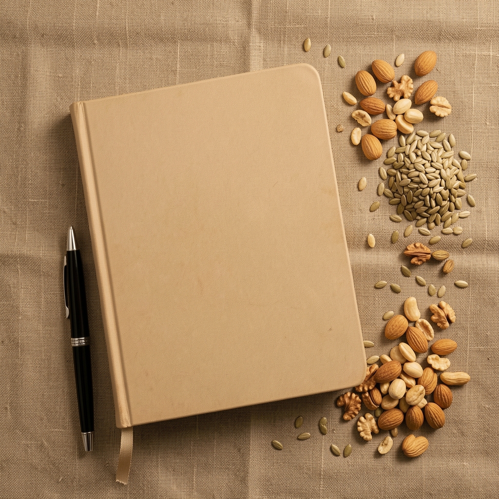 Overhead view of a flat-lay arrangement showing a journal, pen, and whole food ingredients like nuts and seeds on a warm linen surface